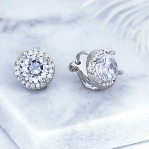 New Simulated Diamond Clip On Stud Earrings - Picture 2 of 8